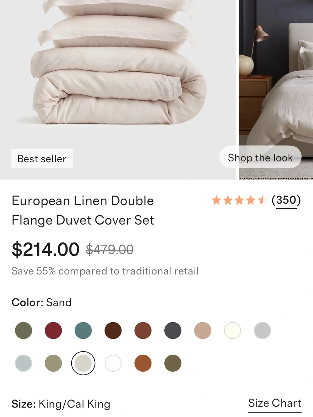 European Linen King/Cal King Double Flange Duvet Cover Set in Sand - Retail $214